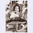 A stylized monochrome illustration of a seated woman on a large mushroom in a forest, rendered in dark brown, beige, and gray tones. 