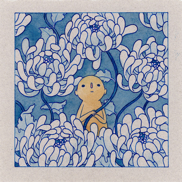 Blue monochrome illustration of a simplistic round headed character standing between many blossoming chrysanthemum flowers, holding on to the curving stem of one.