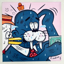 Cartoon style painting of a stressed looking Walrus holding a dollar bill.
