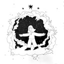 Black ink and marker illustration of a girl standing with outstretched arms, atop a cloud with stars and other shapely clouds around her.