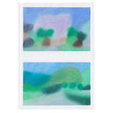 Two small abstract landscape drawings stacked vertically on a white background. The top artwork shows soft blue, lavender, green, and brown shapes, while the bottom artwork shows a more defined abstract landscape with blue sky, green hills, and dark green trees.