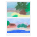 A pastel landscape art print featuring two horizontal panels with soft, blended hues of green, blue, yellow, brown, and pink on a white paper background.