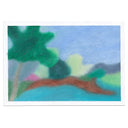 Softly rendered oil pastel illustration of a lake scene, with green trees and blue sky and mountains.