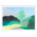 A square abstract landscape artworkfeaturing a stylized green tree, blue sky, and rolling hills in shades of green, blue, yellow, and black, presented on a white background.