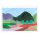 A soft, impressionistic landscape artwork on a white square card against a white background. The painting features a light blue sky, dark green and purple hills, green trees, and a red-orange foreground.