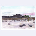A watercolor landscape painting of a desert scene with a dark mountain, cacti, and pale ground under a soft pastel sky.