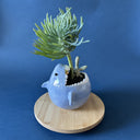 Potted plant shaped like a whale's tail inside of a rounded sculptural pot shaped like a Megladon.