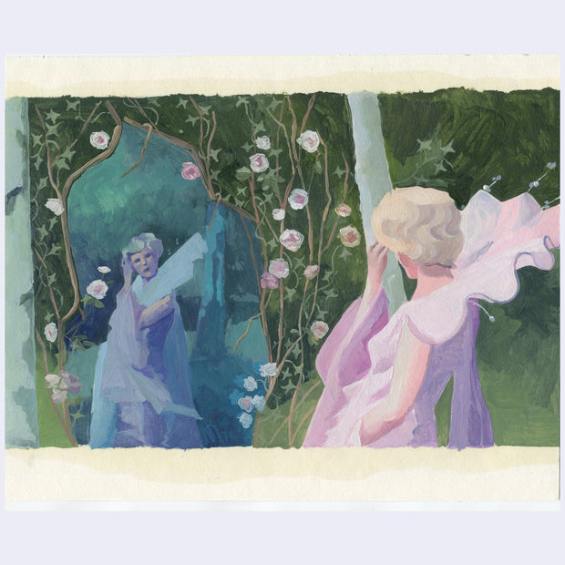 Painting based on a film still from Donkey Skin, of a woman dressed like a pink princess looking at herself in a mirror with pink flowers growing all around it.