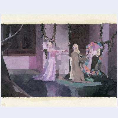 Painting based on a film still from Donkey Skin of 2 women standing, wearing long dresses and talking to one another. One in a pink dress extends out her arms and the other, in a grayish brown Donkey dress stands towards her.