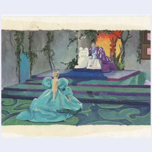 Painting based on a film still from Donkey Skin of a man dressed in a purple cape, sitting on a white lion throne. At the foot of the stairs is a woman in a large blue dress, kneeling.