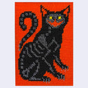 Needlepoint artwork of a black cat, with its skeleton visible through its skin. It sits with a wide mouthed smile, yellow eyes and sharp claws. Background is red.