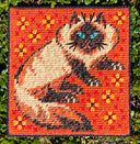Embroidered artwork of a cat on an orange background with flowers, placed on grass.