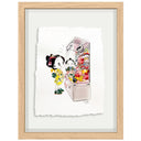 Framed illustration of a cartoon character dressed in traditional Japanese attire with modern sneakers, playing an arcade claw machine with many pop culture plushies in it.