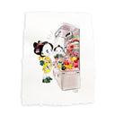 Illustration of a cartoon character dressed in traditional Japanese attire with modern sneakers, playing an arcade claw machine with many pop culture plushies in it.