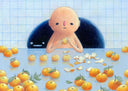 Illustration of a simplistic tan character sitting at a table in a completely blue room with a tiled wall. There are many clementines on the table and the character peels them, sitting them in a row.  Behind them ins a dark blue blob creature.