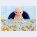 Illustration of a simplistic tan character sitting at a table in a completely blue room with a tiled wall. There are many clementines on the table and the character peels them, sitting them in a row.  Behind them ins a dark blue blob creature.