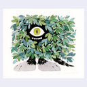 Illustration of a one eyed creature made of leaves with very large feet and a furry tail.