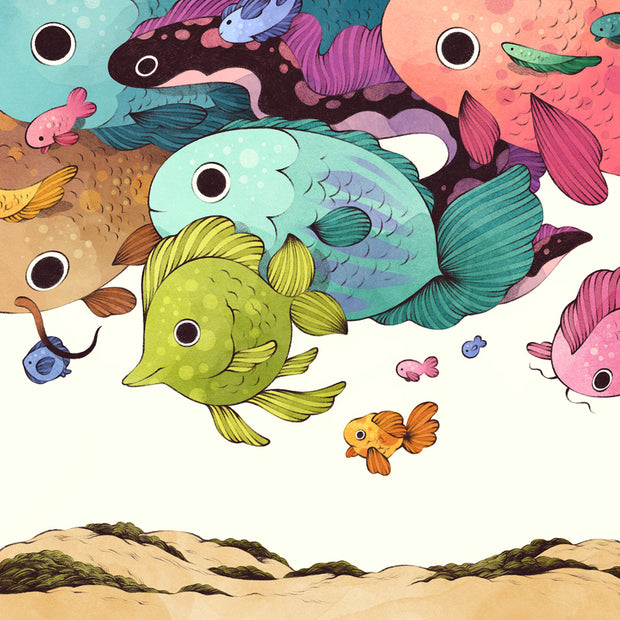 Illustration of many colorful fish swimming over a sandy beach or desert landscape.