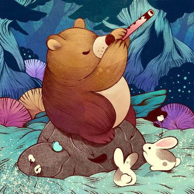 Illustration of a bear sitting on stones and playing the flute in a forest for small bunnies nearby.