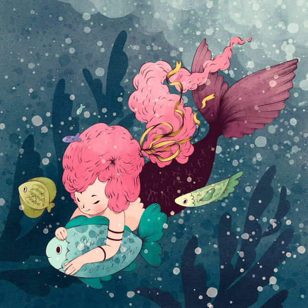 Illustration of a pink haired mermaid swimming and hugging a fish.