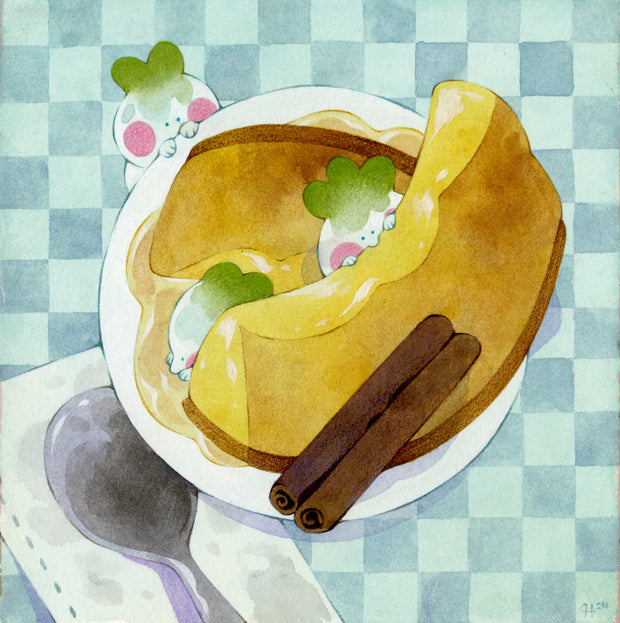 Watercolor illustration of a pumpkin dessert with cinnamon sticks on a plate. 3 small cute creatures interact with the dish. It sits on a blue plaid tablecloth with a spoon nearby.