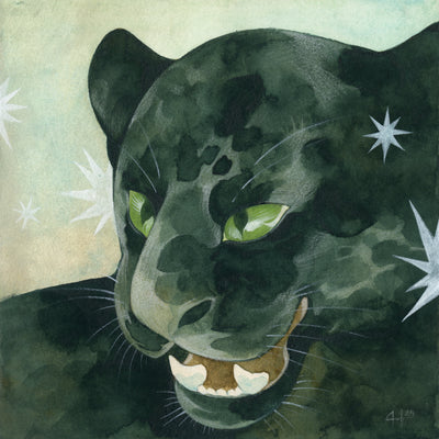 Watercolor illustration of a jaguar's head, looking slightly off to the side with menacing green eyes and a partially open mouth snarl. Several white starburst shapes decorate the piece.