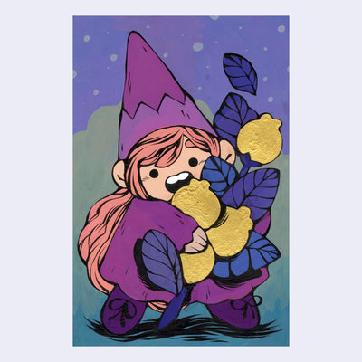 Colorful painting of a small girl in a purple cloak with a pointed cap, holding a branch of golden blueberries.