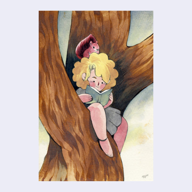 Painting of a small blonde child sitting in a tree and reading a book, with a squirrel atop her head.