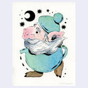 Illustration of a teapot with a gnome inside of it, wearing the pot as a suit and the top of the teapot as a hat.