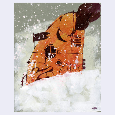 Painting of a large orange machine with clouds of black smoke, It is half buried in snow with more falling.