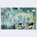 Painting of a scene from Nausicaa, with a large bug in a pond with small onlookers in a fantasy setting.