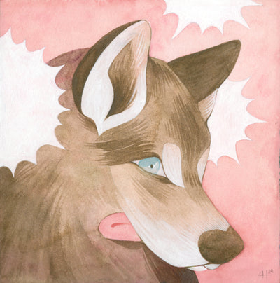 Painting of a close up of a cartoon wolf's face, with its tongue out and blue eyes. Background is pink with white starburst shapes.