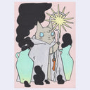 Painting of a brown cartoon cat wearing a purple cape, holding a curved wizard staff with a starburst around it. The cat stands between 2 smoking urns.