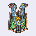 Illustration made with many lines, giving it the feel of a folk art woodcut on a die cut piece of wood of a cat character with 2 arm puppets, standing in the mouth of a larger creature.