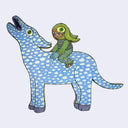 Illustration made with many lines, giving it the feel of a folk art woodcut on a die cut wood panel of a small character dressed in a green bunny monster costume riding a large horse/dog creature covered in cloud pattern.