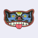 Illustration made with many lines, giving it the feel of a folk art woodcut on a die cut wood panel of a cat's head with its tongue out. Its eyes are made up of smaller cat's which face one another and exclaim a geometric pattern. 