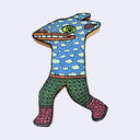 Illustration made with many lines, giving it the feel of a folk art woodcut on a die cut wood panel of a character that is half a giraffe (top) and the bottom of a running person with knit clothing.