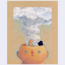 Illustration on brown toned paper of a character, seen from the shoulders up. Its head is open across the top, like a bowl, and clouds billow out of it. Sitting at the base of the clouds is a small tan character and a black blob.