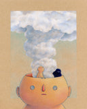 Illustration on brown toned paper of a character, seen from the shoulders up. Its head is open across the top, like a bowl, and clouds billow out of it. Sitting at the base of the clouds is a small tan character and a black blob.