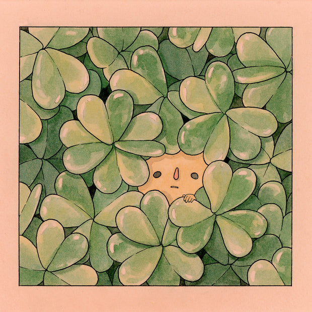 Ink and watercolor illustration on pink toned paper of many clovers, green with a slight sheen. A small simple faced character peeks out behind the leaves.