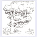 A black and white line art illustration of a large tree with detailed foliage and branches, framed by a white border.