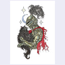 A tattoo-style illustration of a knight in metallic armor holding a black fluffy cat. The knight has a red cape and around them are gold stars on an off-white background,