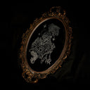 An ornate oval framed mirror, featuring a white line-drawn engraving of a figure, seen from the waist up, wearing a full set of armor and helmet. They hold a very fluffy cat. The mirror is set against a dark backdrop.