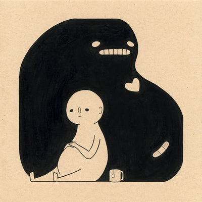 Black ink drawing on tan toned paper of a simplistic character with a round head and solemn look, sitting with its hands on its stomach. It rests against a large black blob with a heart on its chest and a small bandage on its lower body.