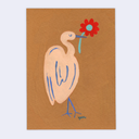 Painting on brown background of a large light pink bird, standing and holding a red flower in its beak.
