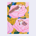 Risograph print of 2 brown birds sitting in pink flowers, with yellowish green leaves around them. 