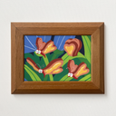 Painting of 4 butterflies with slices of buttered bread as wings, flying in front of blue flowers. Piece is in a wooden frame.