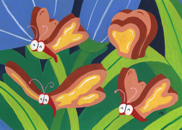 Painting of 4 butterflies with slices of buttered bread as wings, flying in front of blue flowers. 