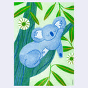 Risograph print of a blue koala bear, sleeping in a tree that is designed in a simplistic, shapely way.