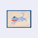 Small illustration of a blue gray cat wearing a dodger cap, leaping with a hot dog in its mouth.